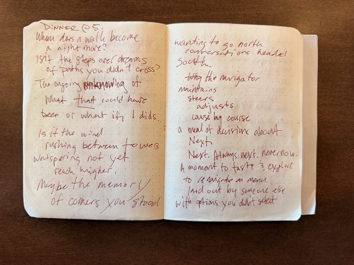 Aaron’s notebook, first spread, dark red ink on dot-grid paper: “Dinner @5. Where does a walk become a nightmare?” through “with options you didn’t select.”