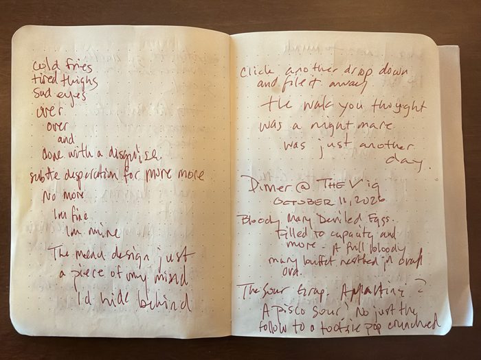 Second spread: “cold fries / tired thighs / sad eyes” through “Dinner @ THE Vig, October 11, 2026” and the Bloody Mary deviled eggs.