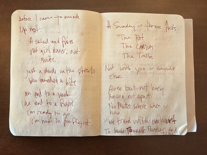 Third spread: “before I came to munch / Up next” and, on the right page, “A Sunday in three Acts: The Rot, The CANVAS, The Talk.”