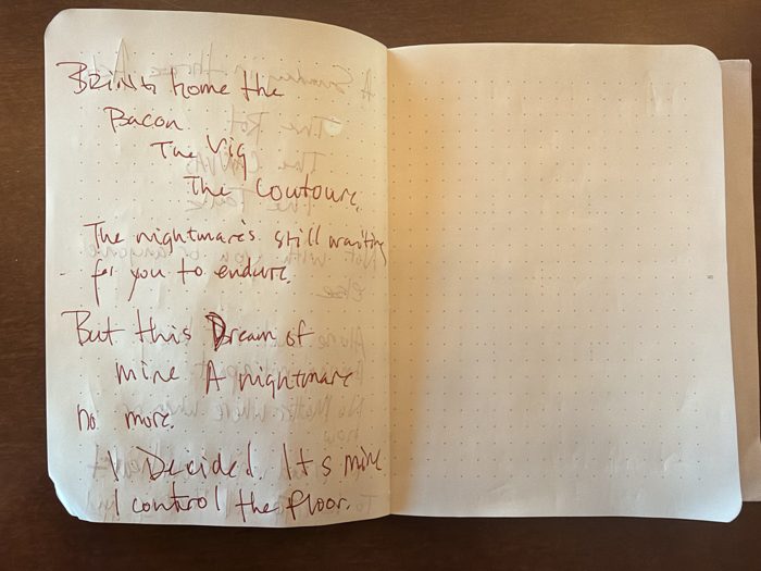 Fourth spread: “Bring home the Bacon / The Vig / The Couture” (spelled Coutour) through “I control the floor,” beside a blank page.