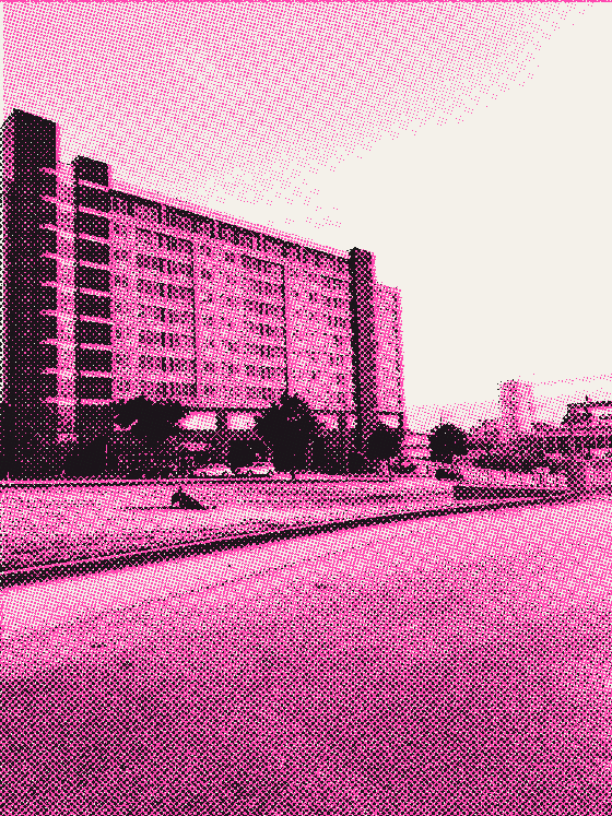A tall apartment block across an open lawn in evening light