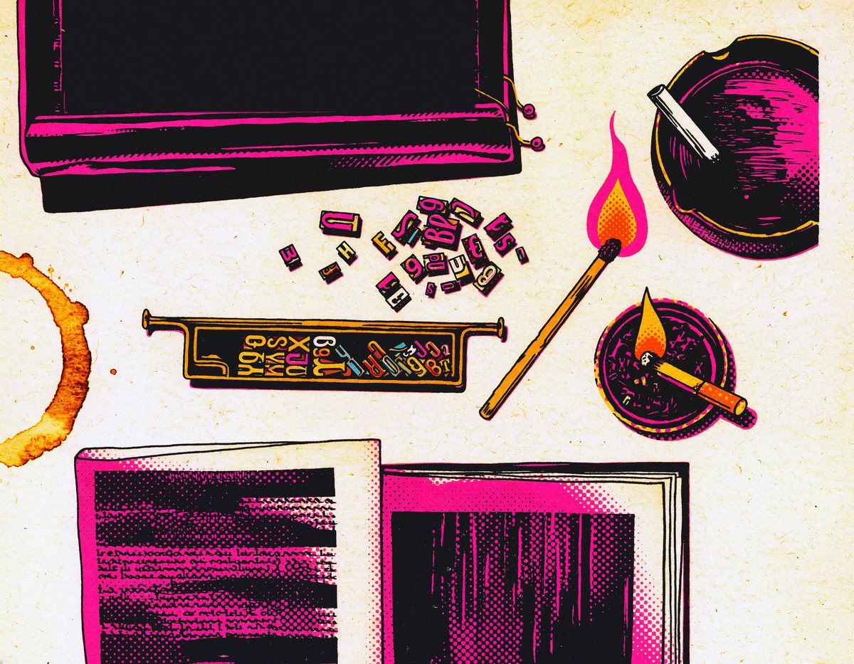 A printer's table in black and fluoro pink: a type case, loose type, a composing stick, a lit match, two ashtrays, a coffee ring and an open zine.