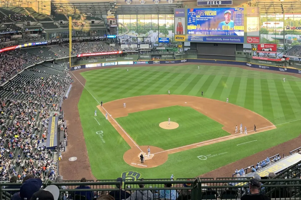 American Family Field from the upper deck, with the infield and the video board