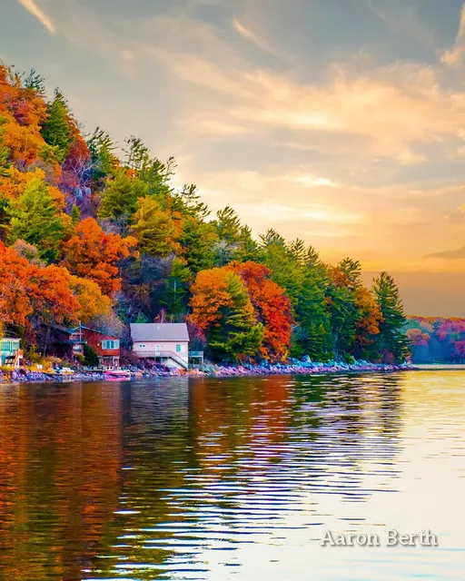 Fall color and a boathouse reflected in a still lake at sunset