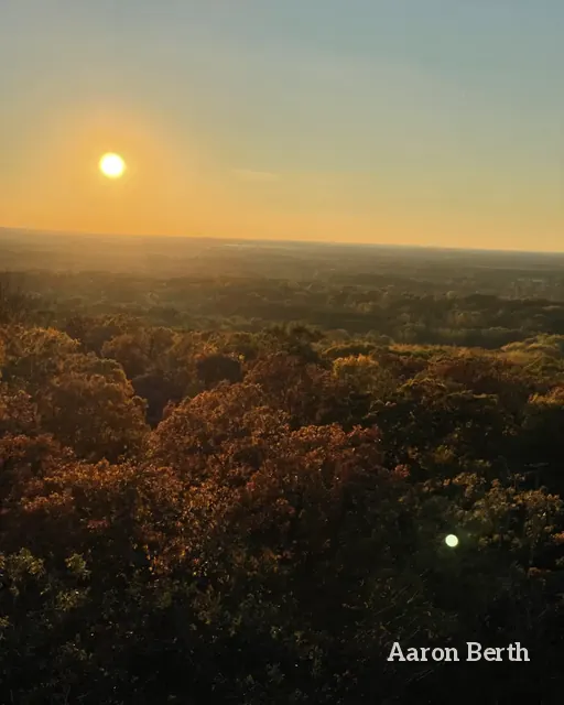 A sun low over a wide forest of fall color from a high lookout