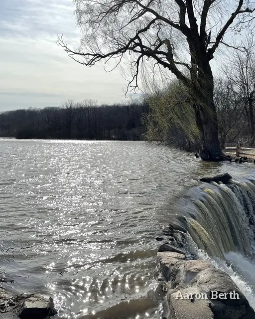 A low waterfall spilling across a wide river under bare branches