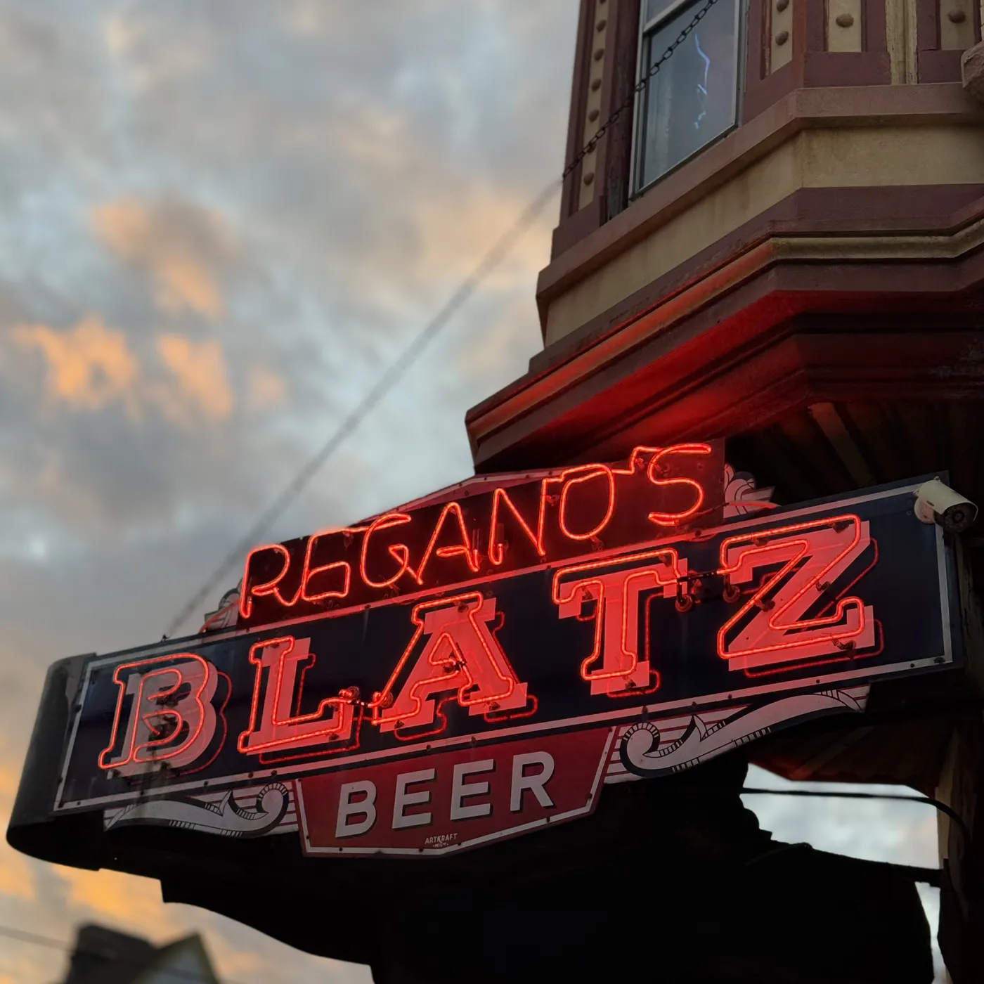 The Regano's Blatz Beer neon sign at dusk