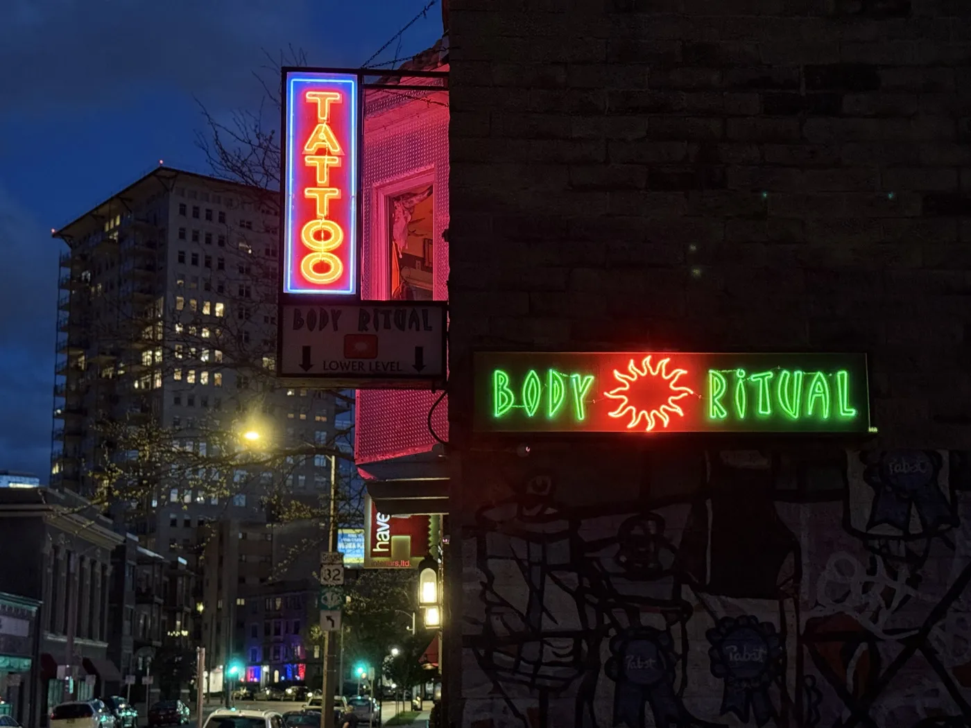 Tattoo and Body Ritual neon signs after dark