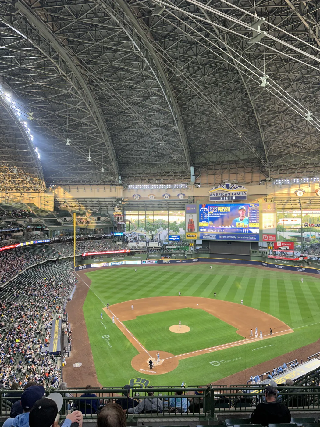 The ballpark from the upper deck, roof open over the diamond