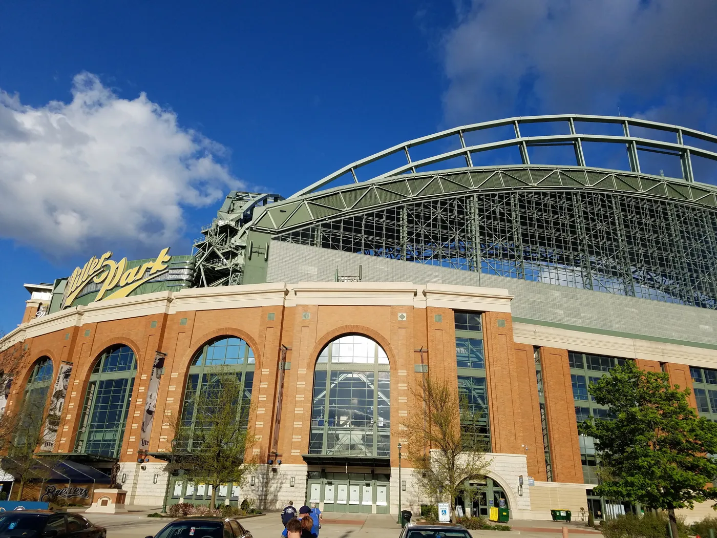 The brick and glass front of the Brewers ballpark