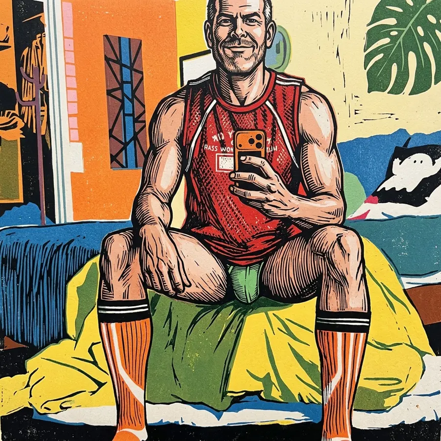 A linocut self-portrait selfie of Aaron in a tank top, jockstrap and socks
