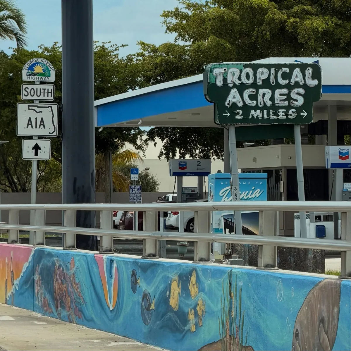 A1A road signs and a Tropical Acres sign on the drive south