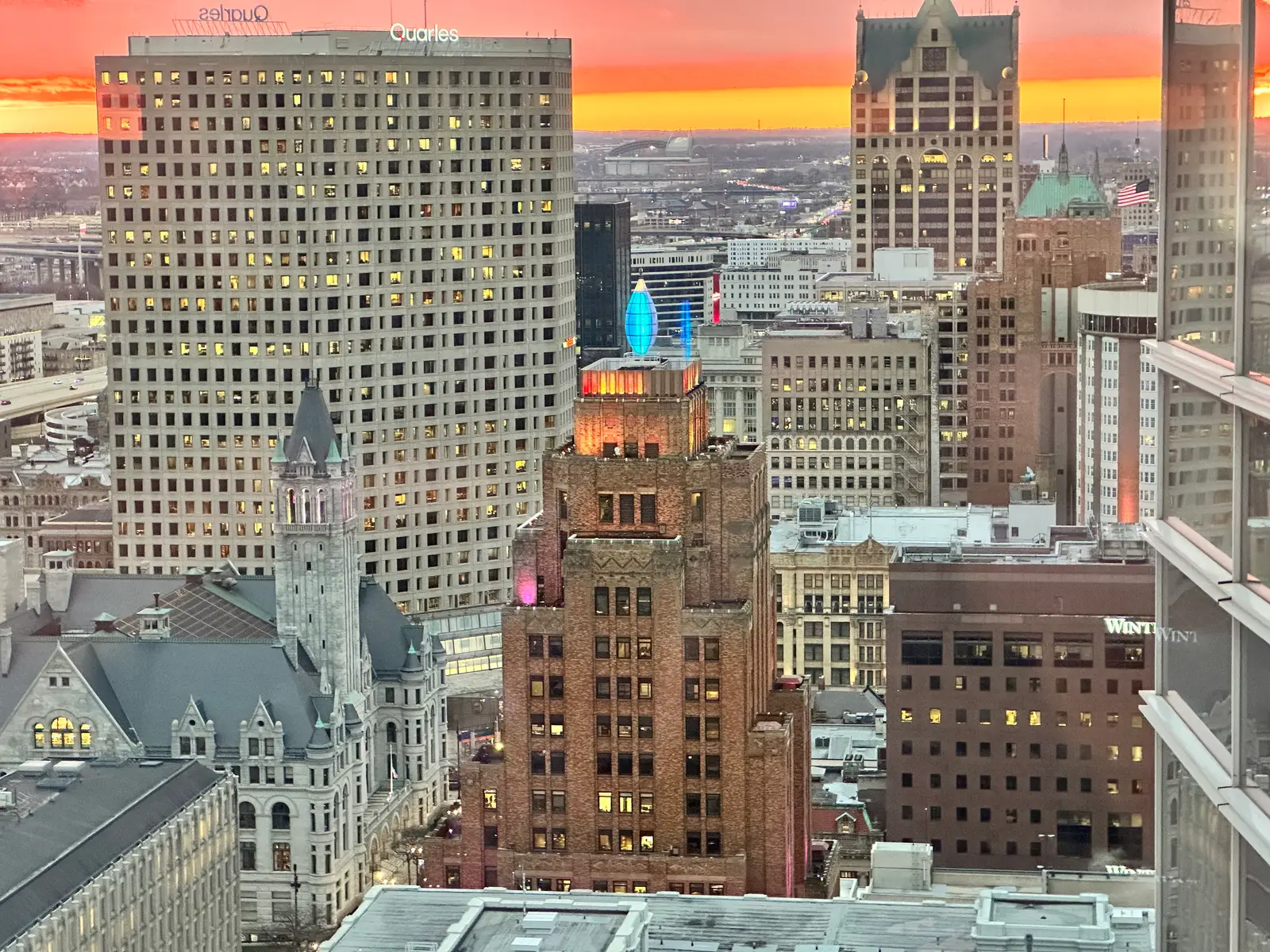 Aerial of downtown rooftops at dusk