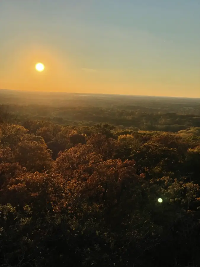 Sunset over a forest in full fall color, seen from a high lookout in southeast Wisconsin
