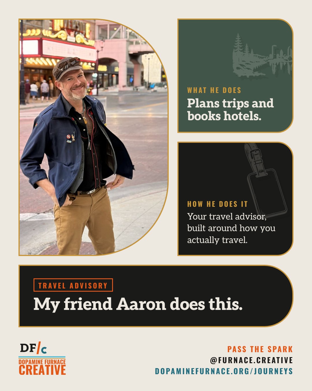 Share card: My friend Aaron does this. Trips. Dopamine Furnace Creative.
