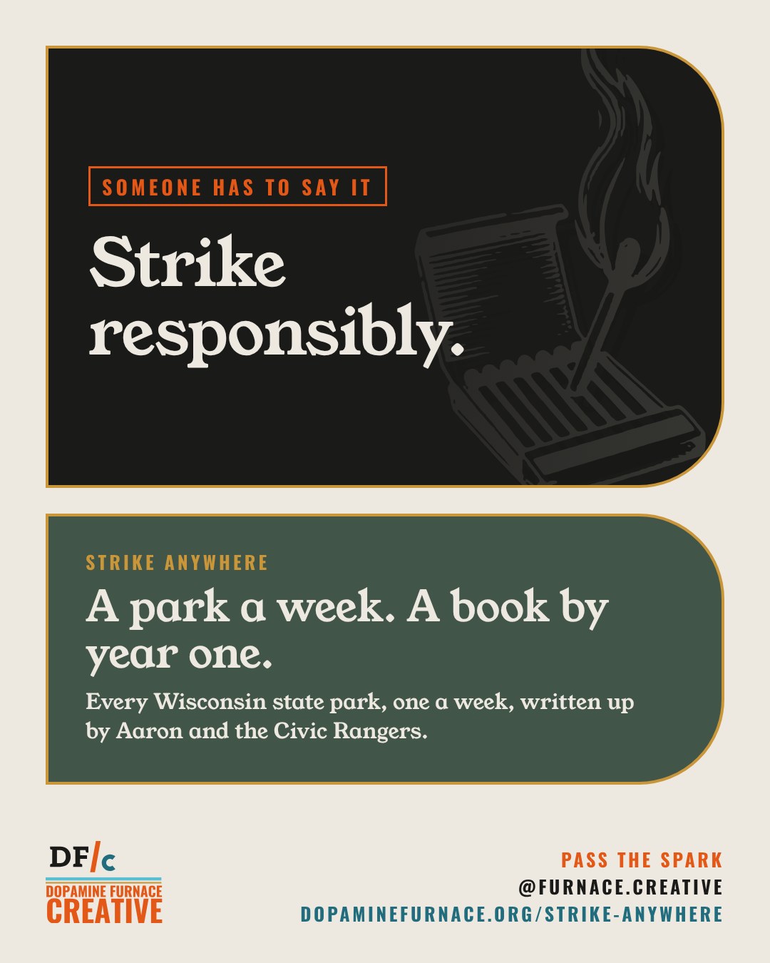 Share card: A park a week. A book by year one. Every Wisconsin state park, one a week, written up by Aaron and the Civic Rangers. Dopamine Furnace Creative, @furnace.creative.