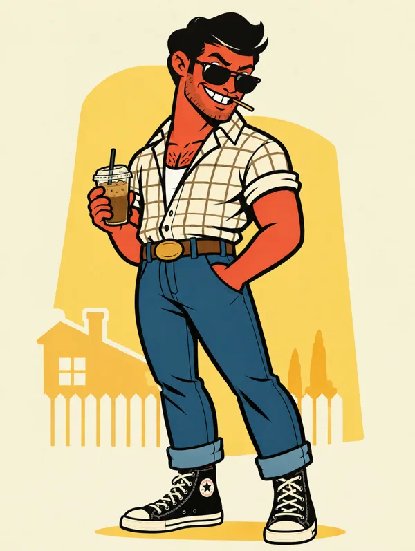 Sparky, a grinning red character in sunglasses with a matchstick in his teeth and an iced coffee in hand